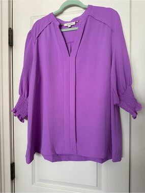 Umgee Purple Split-Neck Smocked Sleeve Blouse